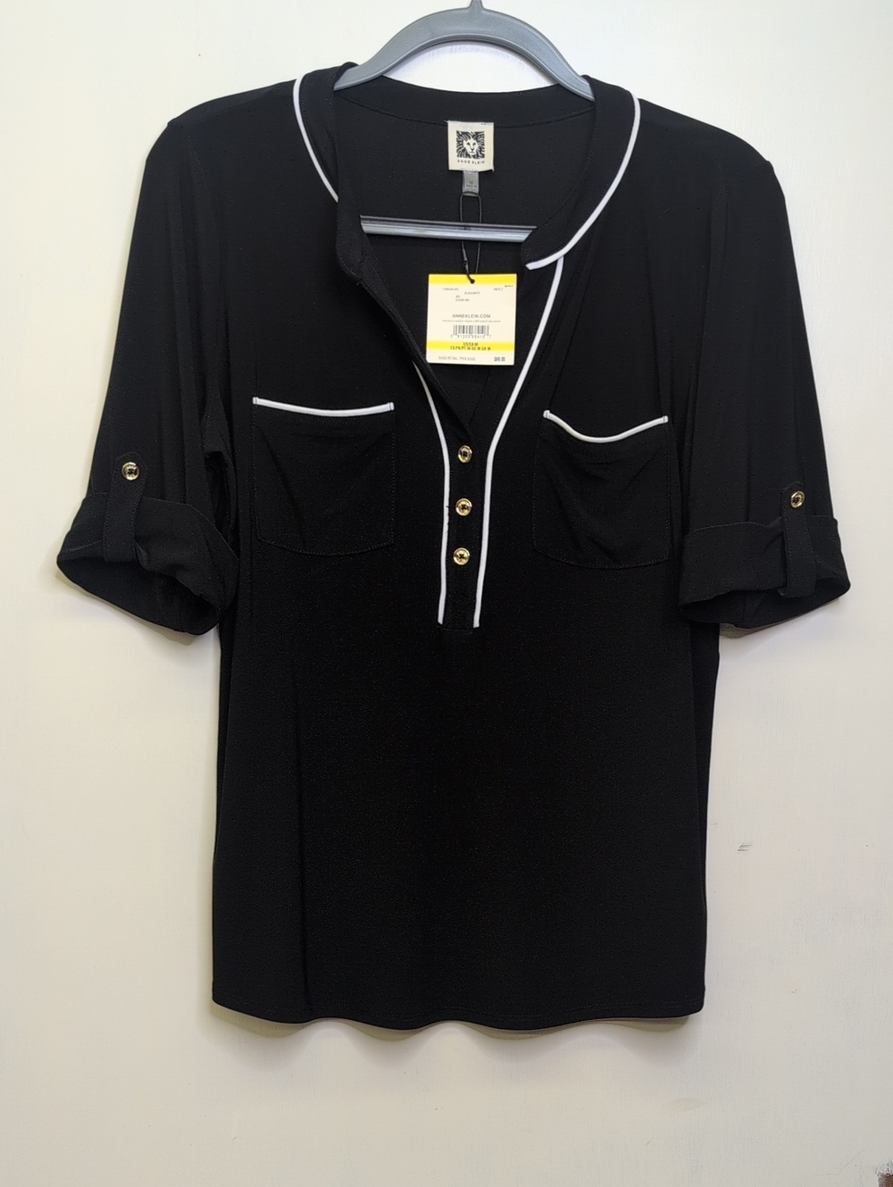Anne Klein Black Henley Top with White Piping